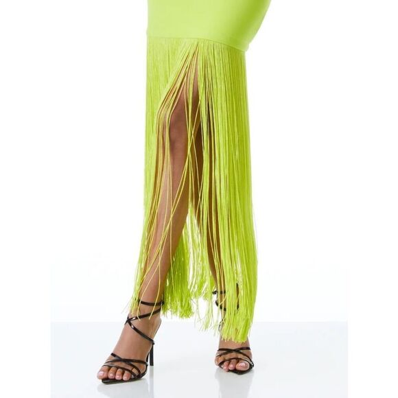 Alice + Olivia STEPH SCOOP NECK FRINGE DRESS in citron size 8 NWT - Picture 4 of 11